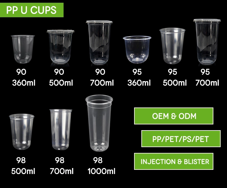 Custom Printed U Shape Clear Biodegradable Disposable Plastic Bubble Tea PP Pet PLA Cup