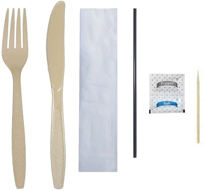 Kit di posate in plastica da 250 set, polistirolo extra pesante (PS), forchetta, coltello, sale, pepe, stuzzicadenti, cannuccia, tovagliolo, champagne